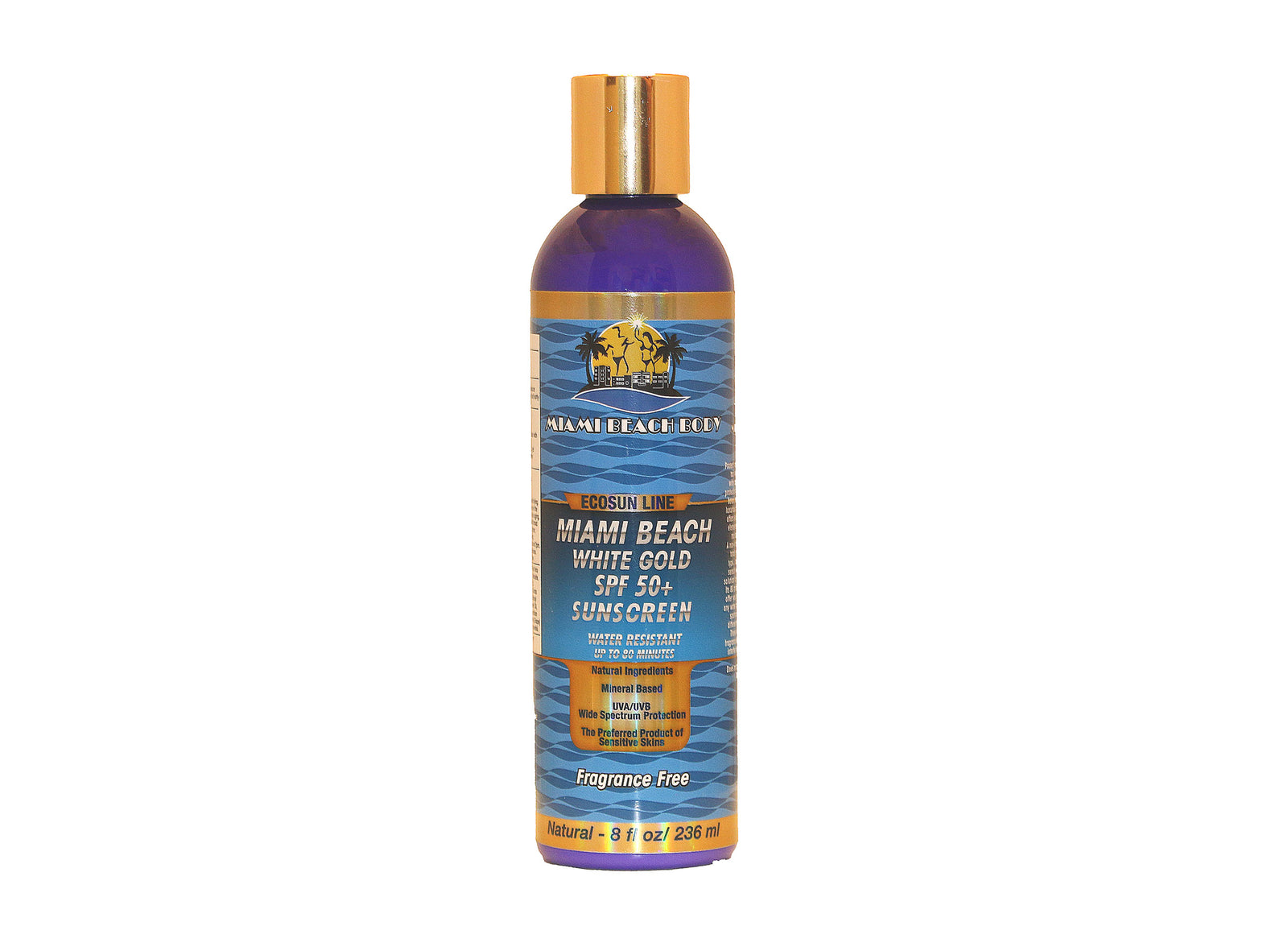 Miami Beach Body - White Gold SPF 50+ All Body and Face, Moisturizing Sunscreen Lotion - 80 Minutes Water Resistant, Wide Spectrum, Super Smooth, Mineral Based, Natural, Biodegradable, Sea Life and Coral Reef Friendly - 8 Oz